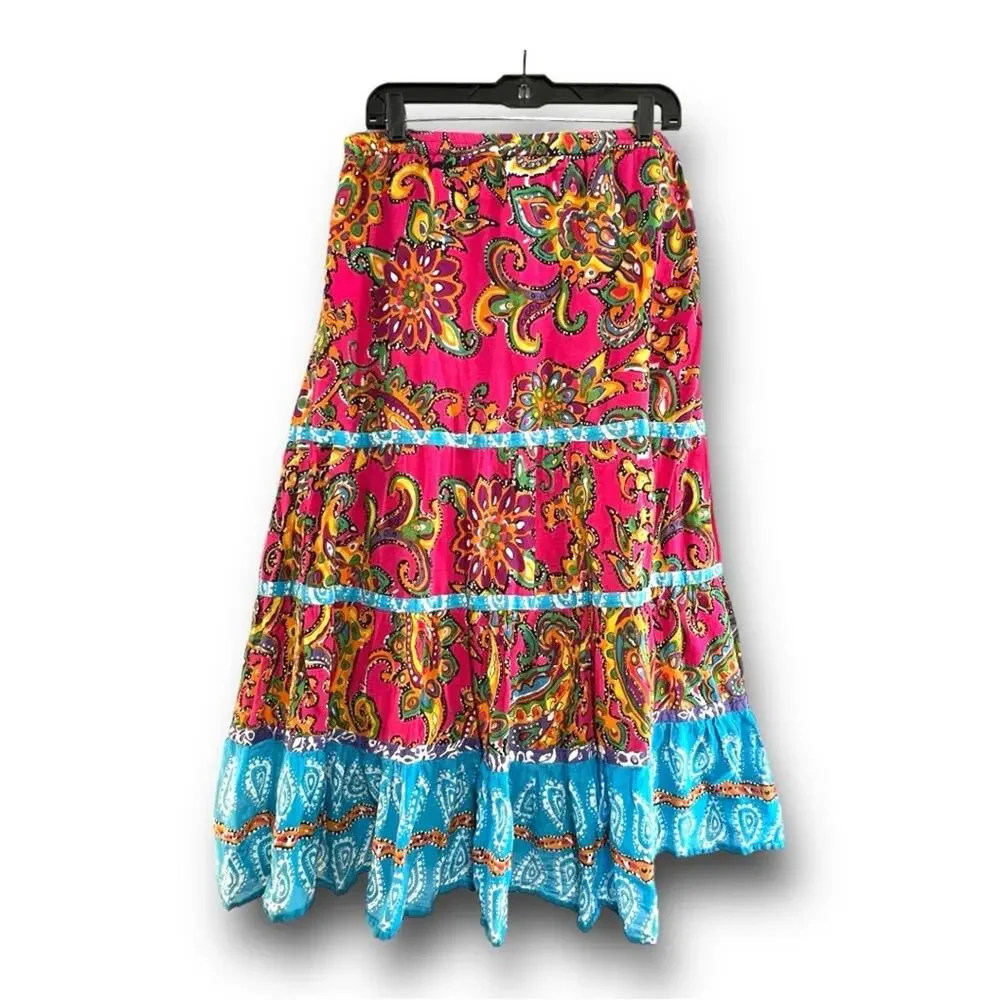 PINK TURQUOISE FLORAL TIER MAXI SKIRT SZ XLG - Picture 9 of 11
